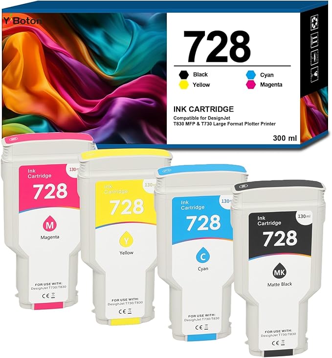 High Yield 728 728XL Ink Cartridge Replacement for HP 728 Ink Cartridge F9J68A F9K17A F9K16A F9K15A for HP DesignJet T830 MFP & T730 Large Format Plotter Printer Ink (4-Pack)