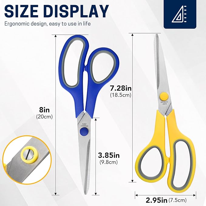 5-Pack, 8" Scissors All Purpose Comfort-Grip Handles Sharp Scissors for Office Home School Craft Sewing Fabric Supplies, High/Middle School Student Teacher Scissor, Right/Left Handed