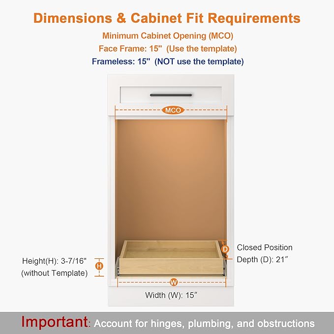 ALINE FURNITURE Pull Out Drawers for Cabinets Birch Wood, 15" W X 21" D Soft Close Slide Out Shelves for Kitchen Cabinets, Pullout Drawer for Pantry Cabinet Organizer