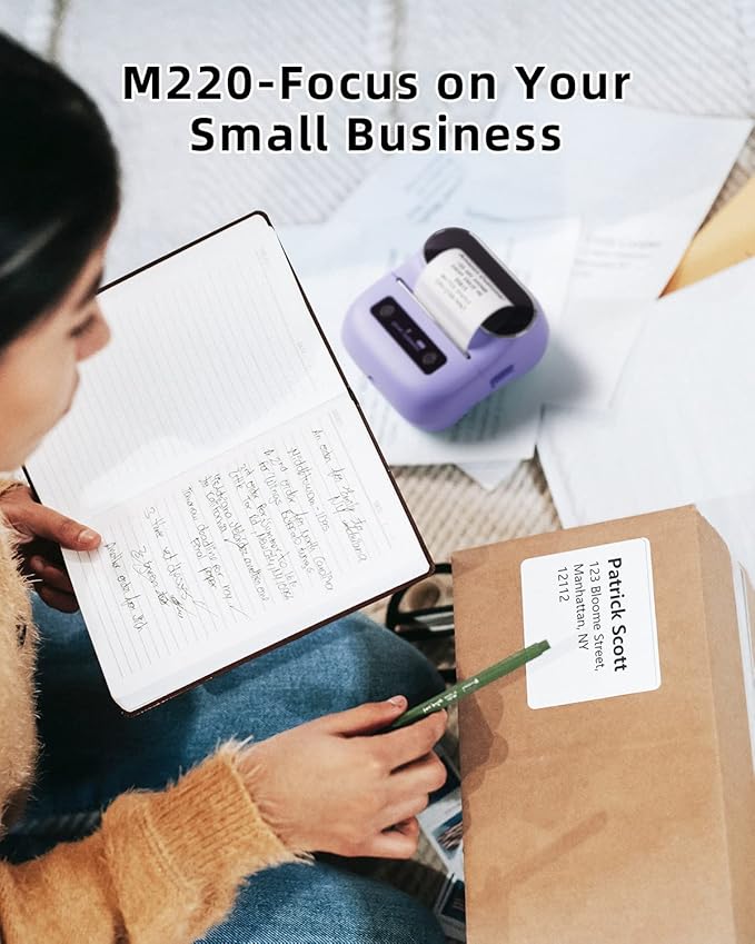 Phomemo M220 Label Maker, Bluetooth Thermal Label Maker Machine for Barcode, Address, Home, Mailing, Small Business,Clothing, Portable Wireless Printer with 1 Rolls Label, Purple