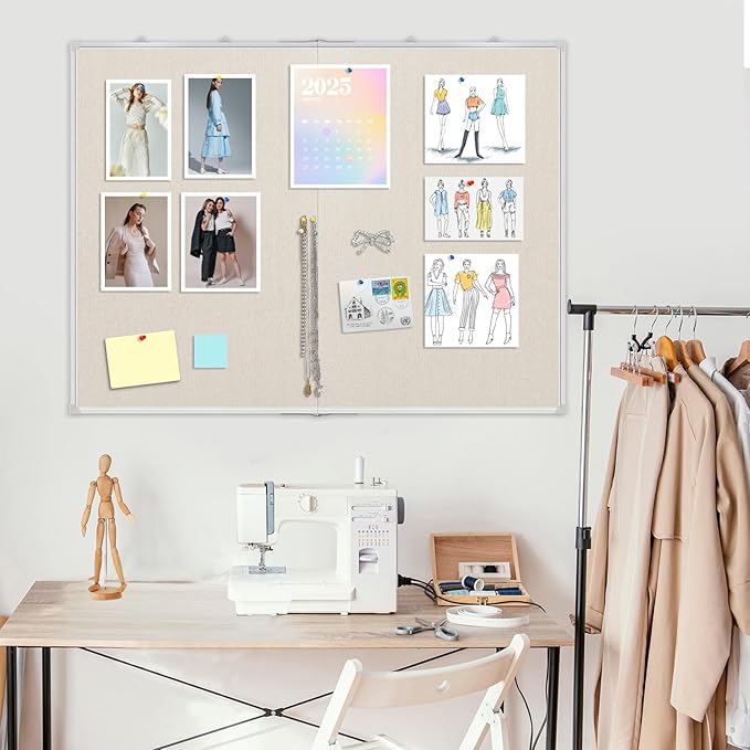 Double-Sided Large Cork Board with Linen, 60" x 40" Foldable Hanging Aluminum Framed Bulletin Board, Vision Board Pin Board Corkboards for Walls, Office, School Decor, 20 Pushpins