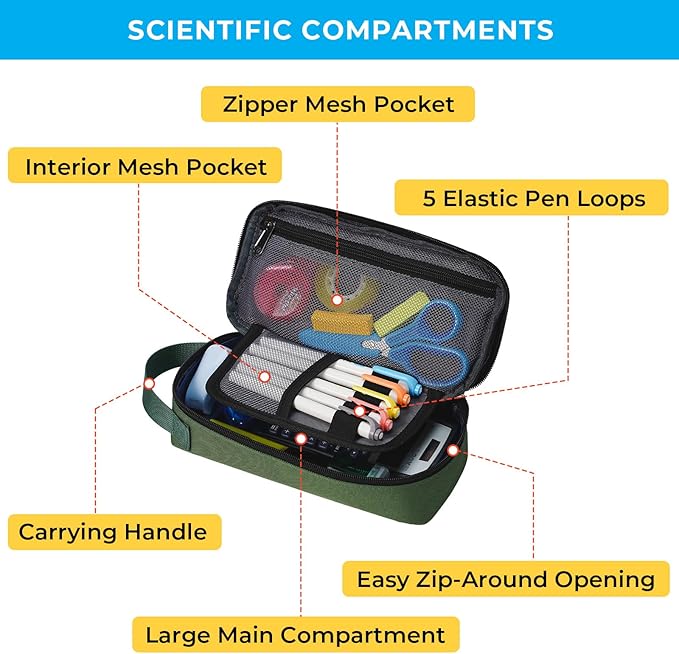 ECHSRT Big Pencil Case, Aesthetic Portable Zipper Pencil Bag with Hidden Pocket, Special Pouch for Men Women Adults, Stationery Organizer Pen Cases for Office Travel,Army Green