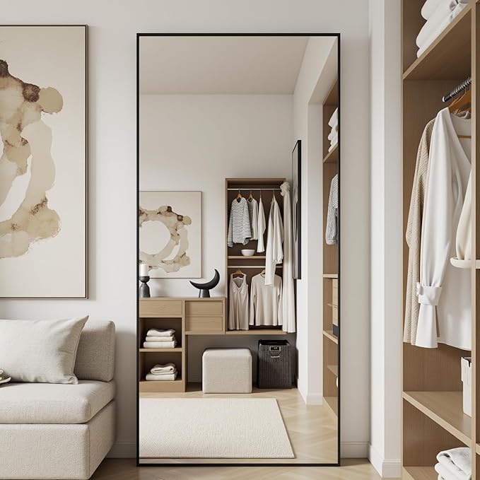 Full Length Mirror, 71"x32" Oversized Floor Mirror Freestanding, Full Body Mirror Floor Standing Mirrors with Stand, Hanging Mounted Mirrors for Bedroom Living Room, Black, Rect Style