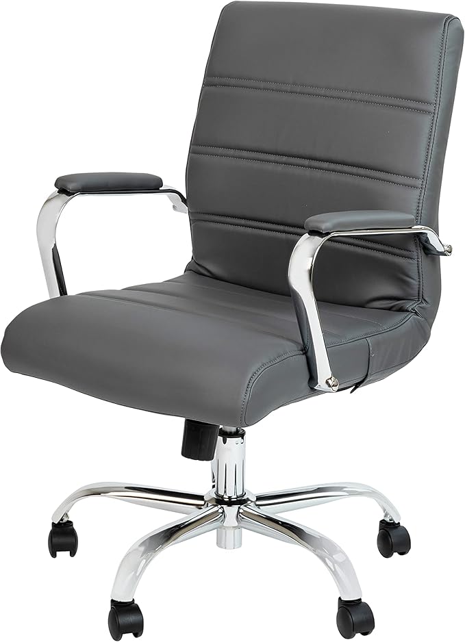 Flash Furniture Whitney Mid-Back Swivel LeatherSoft Desk Chair with Padded Seat and Armrests, Adjustable Height Padded Office Chair, Gray/Chrome