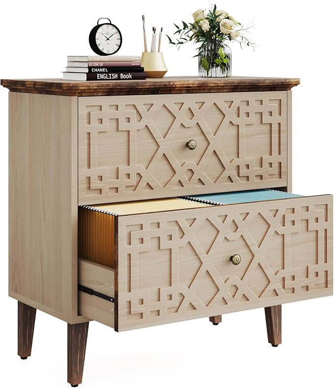 LITTLE TREE 2-Drawer File Cabinet, Wood Lateral Filing Cabinet for Home Office, Beige