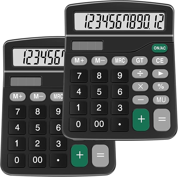 Calculators, Splaks 2 Pack Standard Functional Desktop Calculators Sola and AA Battery Dual Power Electronic Basic Calculator with 12-Digit Large Display for Office, Home, School (2 Black)