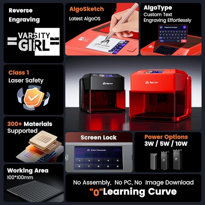 AlgoLaser 10W Laser Engraver Machine: Portable & Smart with 3.5" Touch Screen, Hand Drawing/Wireless/SD Card/Offline Engraving, AlgoOS 2.0 Self Developed System for Wood, Acrylic, Leather
