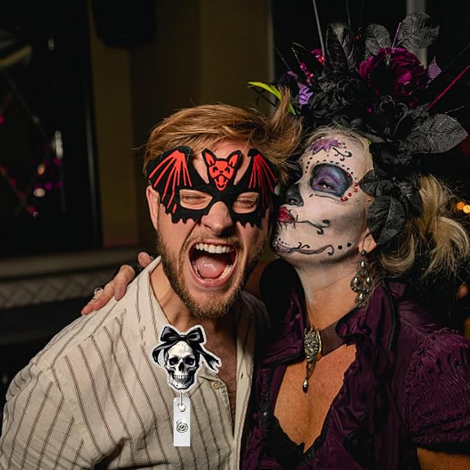 Halloween Skull Badge Reel Retractable for Nurse Nursing Student Medical Worker & Office Staff Acrylic Alligator Clip Badge Reel Halloween Skeleton with Bow ID Card Badge Holder Gifts