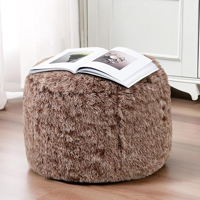 HIGOGOGO Round Stuffed Pouf Ottoman, Long Faux Fur Poufs with Foam Chunk Filling, Fluffy and Furry Pouf Foot Stool Storage Ottoman, 20 X 15 Floor Poufs Foot Rest for Living Room, Snow Coffee