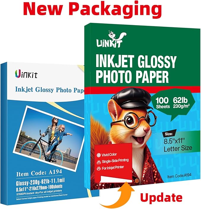 Uinkit 100 Sheets Thick Inkjet Glossy Photo Paper Picture 8.5x11 62lb 230g 11.1mil Cardstock Postcard Brochure For Dye Ink Inkjet Printer