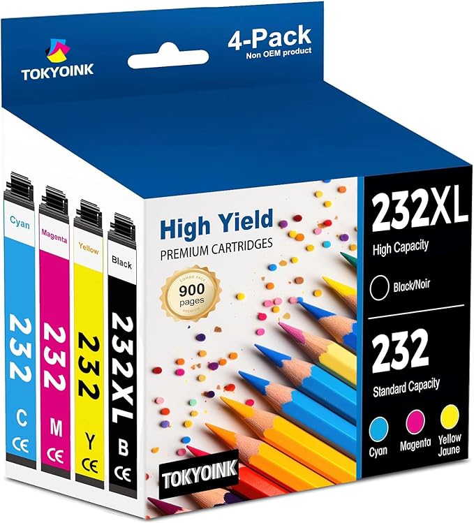 TOKYOINK 232XL Ink Cartridges Combo Pack Remanufactured Replacement for 232 Ink Cartridge 232 XL for Printer XP-4200 WF-2930 XP-4205 WF-2950 Printer Ink (Black, Cyan, Magenta, Yellow 4 Pack)