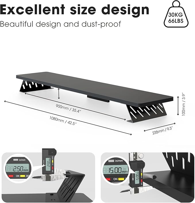 Fenge Dual Monitor Stand Riser, 42.5 Inch Desk Top Shelf for 2 Monitors, Computer Stands for Desk, Wood & Steel Desktop Riser for Laptop, PC, Printer