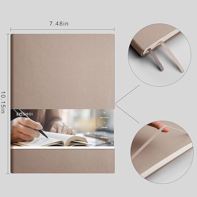 EMSHOI College Ruled Composition Notebook - Large B5 Notebook Lined Journal Leather with Free Sticky Notes, 204 Numbered Pages,100gsm Thick Lined Paper, Softcover, 7.5"x10"-Khaki