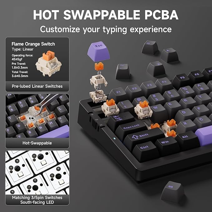 G98 PRO Wireless Mechanical Keyboard, Tri-Mode Connection Gaming Keyboard, Hot Swappable Custom Gasket Structure, Pre-lubed Linear Switches, Double Shot PBT Keycaps RGB LED Backlit Purple&Black