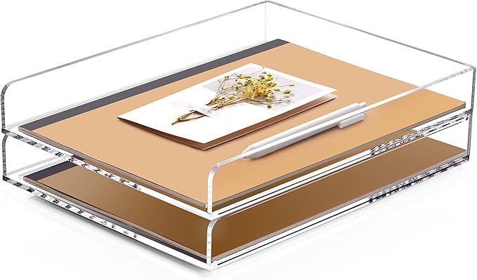 SANRUI 2 Tier Acrylic Stackable Paper Letter Tray, Vertical A4 File Desk Organizer and Accessories Sorter Tray, Clear Workspace Office Supplies Organizers, 12inx9.25inx3.42in