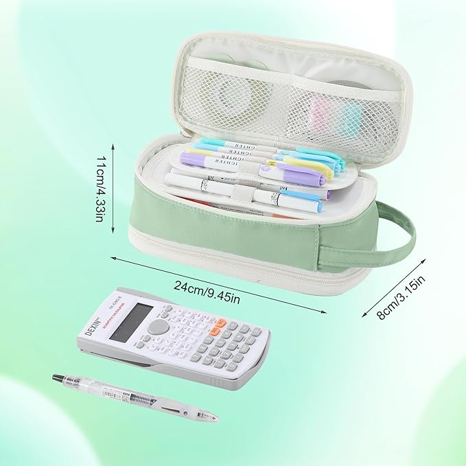 Pencil Case Large Zipper Pencil Pouch for Girls Kids Teens Adults Aesthetic Pencil Bag Stationery Organizer Pencil Case with Handle for School Green