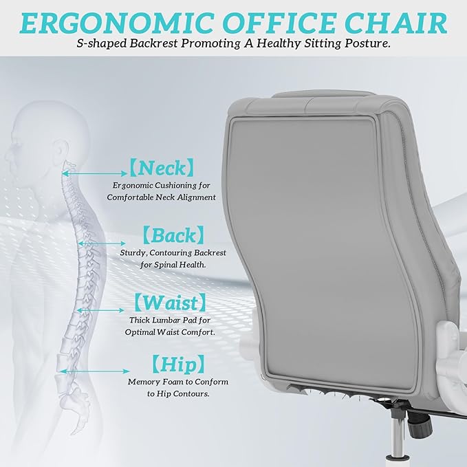 GYI O205P High Back Executive Office Chair, Big and Tall Office Chair 400LBS with Rubber Wheels,Ergonomic Adjustable Computer Desk Chairs with Padded Flip-up Armrests,Lumbar Support (Grey)