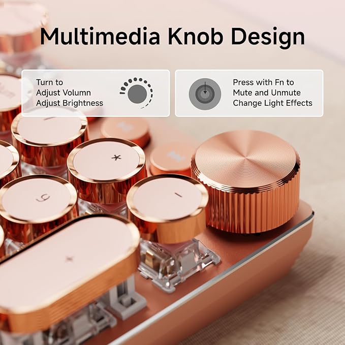 EWEADN Typewriter Style Mechanical Gaming Keyboard, Wired Mechanical Keyboards,104 Keys Backlit LED Keyboards, Media Control Knob, Wired Computer Keyboard Pink Switch for Windows/Mac/PC-Pink