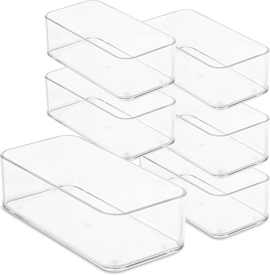 Plastic Clear Drawer Organizers. Bathroom, Kitchen, Bedroom, Jewelry, Office Organizer Bins, Storage Trays. Heavy Duty, Stackable. 9" x 3" x 2" Set of 6