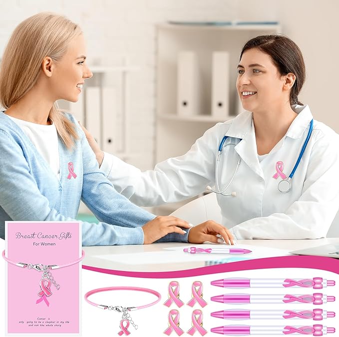 192 pcs Breast Cancer Awareness Items Bulk Pink Cancer Patients Survivor Gifts Include Pink Ribbon Pens Pins Bracelets Organza Bags Cancer Survivor Campaign Supplies for Theme Charity Event