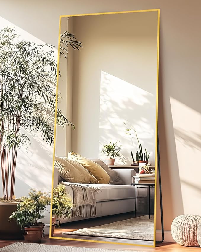 Full-Length Floor Mirror with Stand, 58"x21" Rectangle Style Full Body Standing Mirror for Bedroom, Living Room, Gym, Dorm - Shatter-Resistant & Easy Assembly, Gold