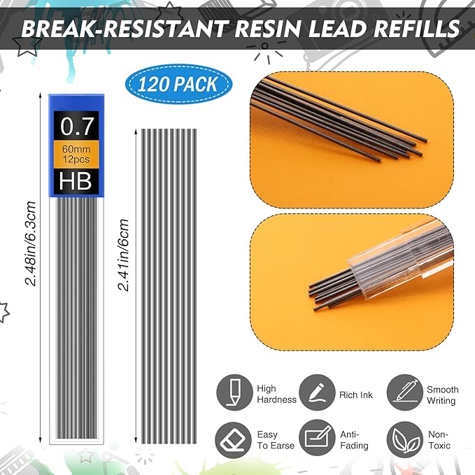 360 Pcs 0.7mm Mechanical Pencils Bulk Set Include 120 Mechanical Pencil 120 HB Lead Refills 120 Erasers for Art Office Classroom School Student Writing Drawing Sketching Supplies