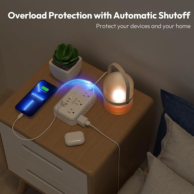 Flat Plug Extension Cord 25 ft, Surge Protector Power Strip, Outlet Extender with 6 Outlets 4 USB Ports, Overload Protection, Long Extension Cord with Multiple Outlets for Indoor, Home, Office, White