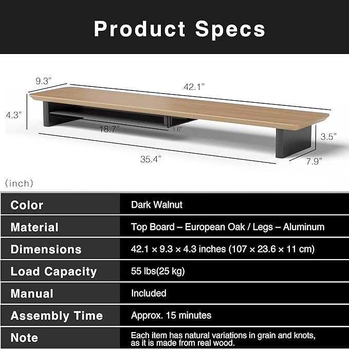 White Oak Dual‑Tier Ergonomic Desk Setup – Modern Wooden Monitor Stand & Workspace Riser, Home Office & Minimalist Aesthetic (White Oak, Large)