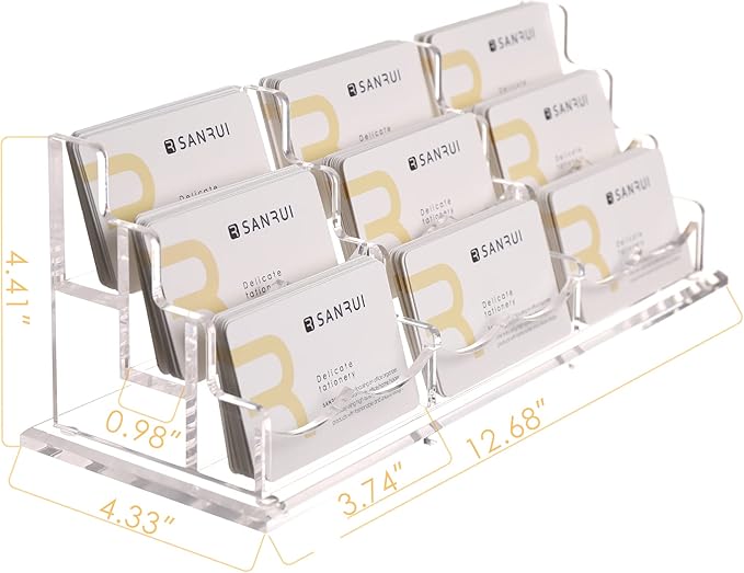 SANRUI Clear Horizontal Business Card Holder Stand for Desk, Acrylic Desktop Display Name Cards Holders Organizer Storage Rack,for Exhibition, Home , Office ,3 Tier 9 Pocket , 540 Card Capacity