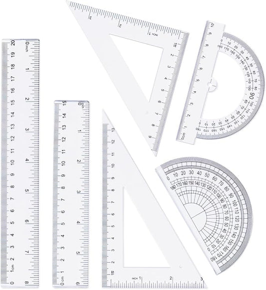 Geometry Set, 6-Piece Clear Plastic Math Ruler, Drafting Ruler Kit Includes Protractor, Triangle Ruler, Straight Ruler-Math Measurement Tools for Students, School and Office Supplies