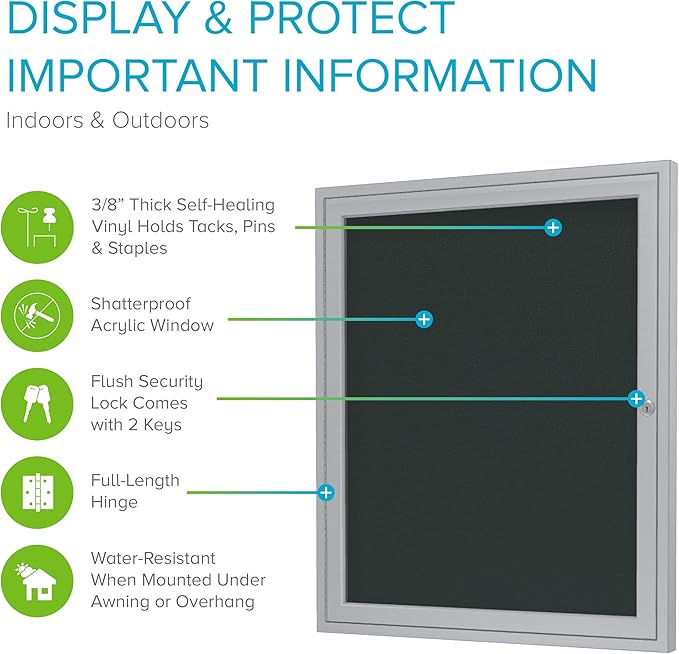Ghent 24"x18" 1-Door Outdoor Enclosed Vinyl Bulletin Board, Shatter Resistant, with Lock, Satin Aluminum Frame - Ebony (PA12418VX-183), Made in the USA