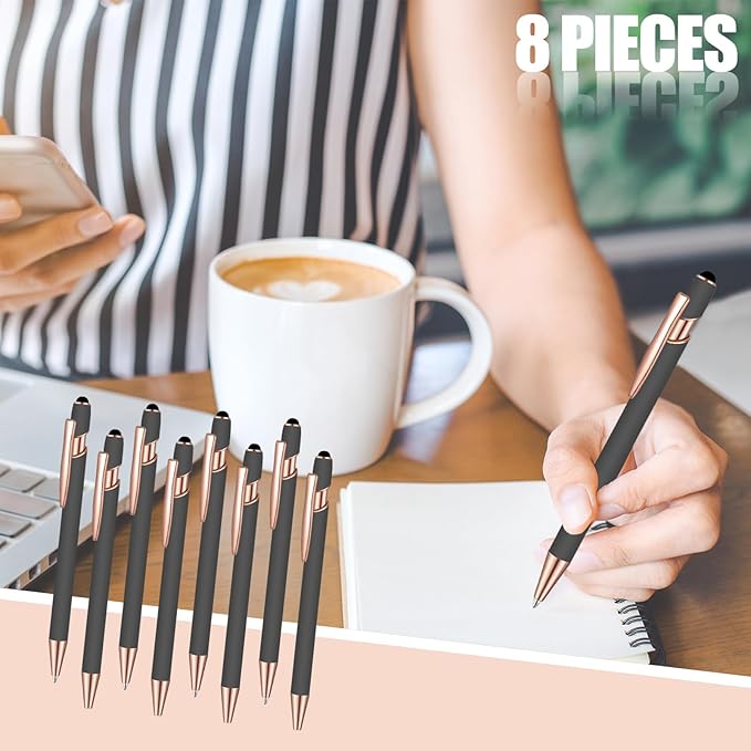 8 Pcs Blue Ink Ballpoint Pen with Stylus Tip 2 in 1 Stylus Ballpoint Pen Metal Pens Stylus Pen for Touch Screens School Office Coworkers (Gray Rose Gold)