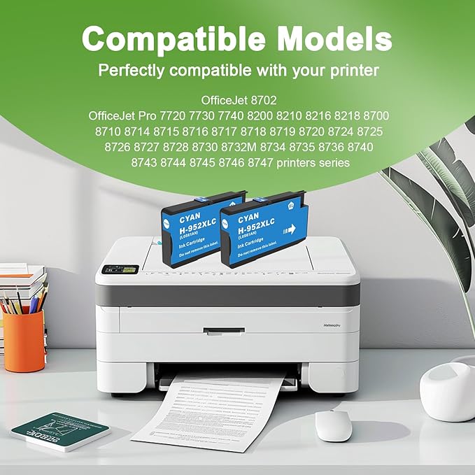 952XL Cyan Ink Cartridges with Upgrade Device Replacement for HP 952 XL Combo Pack for HP Officejet Pro 7740 8720 8710 8210 8715 8740 8702 8730 8725 Printers (952XL Cyan High-Yield 2 Packs)