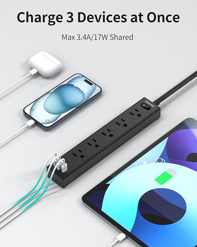 Flat Plug Power Strip, 2 Pack, 6 Ft Ultra Thin Flat Extension Cord, Surge Protector with 5 Outlets & 3 USB Ports (2 USB C Slots), 1700 Joules, 3-Prong, Wall Mount for Home Office Dorm, Black