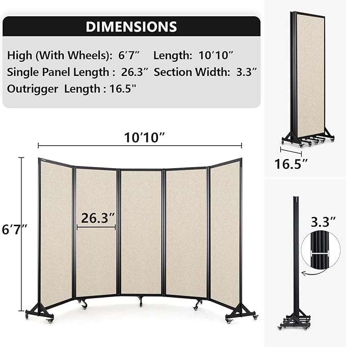 Room Partition,Folding Privacy Divider,Office Partition Dividers,Office Dividers Wall, 10'6"W x 6'7"H,Beige
