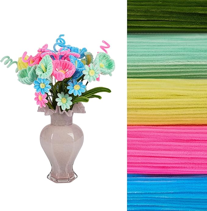 5 Mixed Macaron Colors Chenille Stems Bulk，400 Pcs Pipe Cleaners Craft with Floral Wires, Gardening Tape,Greeting Card,Bouquet Paper,Hot Glue Stick,Stamen & Ribbon，Ideals for DIY School Projects
