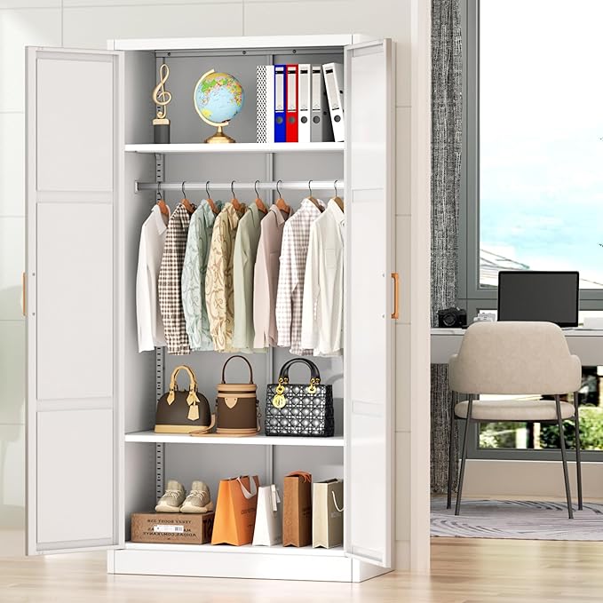 Greenvelly Metal Storage Wardrobe Cabinet, 72" White Metal Wardrobe Closet for Hanging Clothes with Doors and Shelves, Modern Steel Clothes Closet for Home, Office and Bedroom, School,Gym