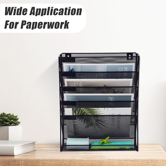 EASEPRES 6 Tier Mesh Hanging Wall File Organizer, Desk Mail Paper Document Folder Holder, Clipboard Storage Organization Magazine Rack with Bottom Tray and Nametag Label for Office Home School, Black