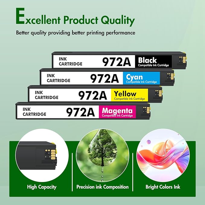 972A 972X Ink Cartridges Remanufactured Replacement for HP 972 A for HP Pagewide Pro MFP 477dw 577dw 477dn 452dn 552dn 552dw P55250dw Printer High Yield (4 Pack, Black Cyan Yellow Magenta)