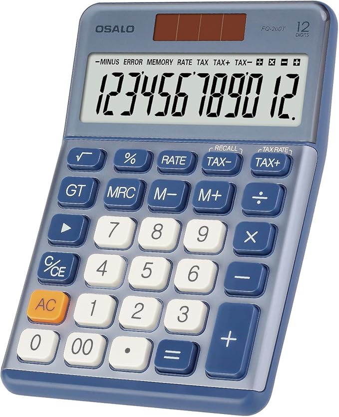 Pendancy Office Small Calculator Desktop with Tax+/- for Tax Calculation, 12 Digit Large LCD Display, Solar Battery Power, Durable Portable Design, Financial Accounting Business Home Use(OS-200T-Blue)
