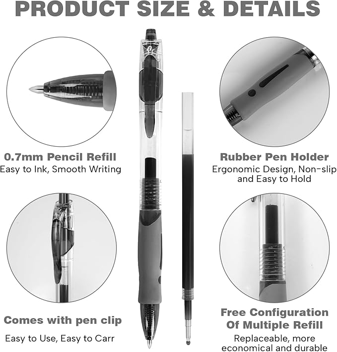 Innertone Black Gel Pens,12 Pcs Retractable Fine Point 0.7mm with 4 Refills,Black Pen，Featuring Smooth Writing and Quick-Drying Ink, Suitable for Women, Men, Journaling, School, and Office Use