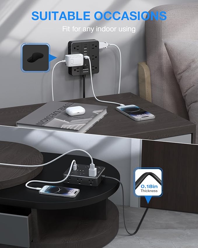 Flat Plug Power Strip Surge Protector, HUNIAN 5 Ft Extension Cord with 12 Widely Spaced Multiple Outlets 6 USB Charger (2 USB C Ports), Desk Charging Station for Home Office Supplies, Black