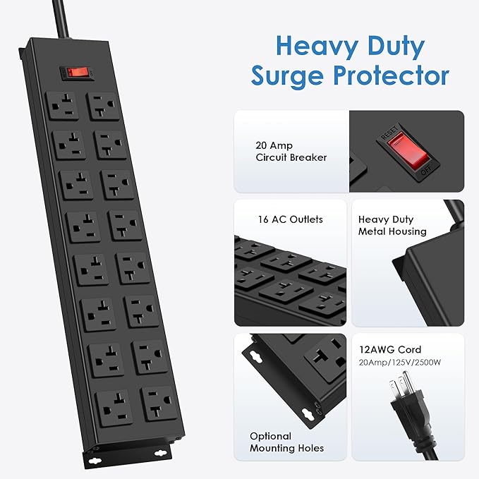 JUNNUJ Heavy Duty 20 Amp Power Strip with Surge Protection 3000J, Garage 16 Outlets Metal 12 Gauge, Desk Strips Wide Spaced, High Amp 5-15P Adapter Shop 6-20R T-Slot Industrial Outlets (16AC, 10FT)