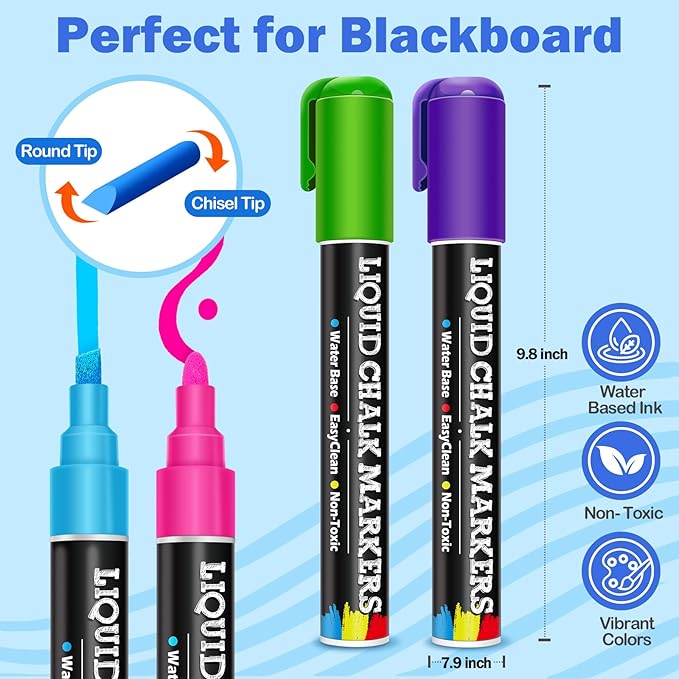 46 Pack Liquid Chalk Markers for Blackboard, Dry Erase Markers Pens for Chalkboard Calendar Window Car Glass, 6mm Reversible Tip, Dust-Free Chalk Pens for School Kids Bistro Businesses Restaurants