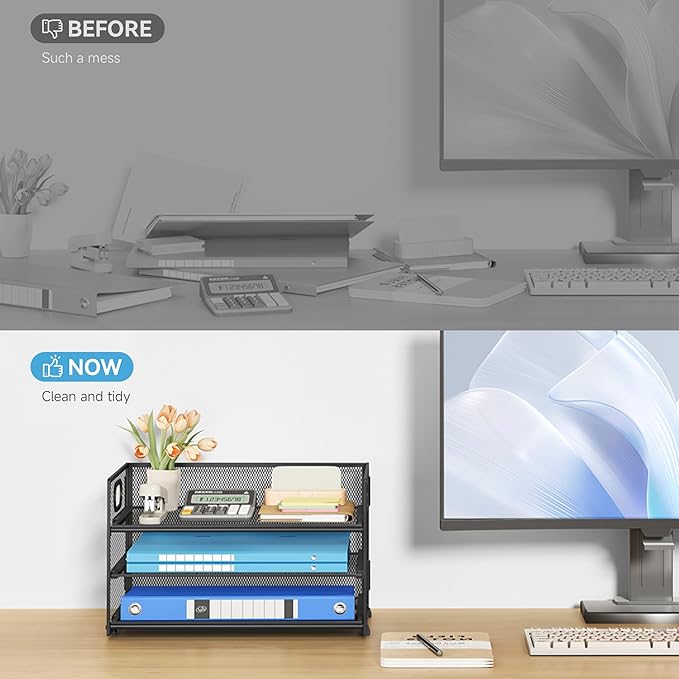 Subekyu 3 Tier Paper Letter Tray Organizer for Desk, Black Metal Mesh Desk File Folder Sorter Organizer with Handle and Sliding Tray for Home, Office, School Supplies Organization Storage