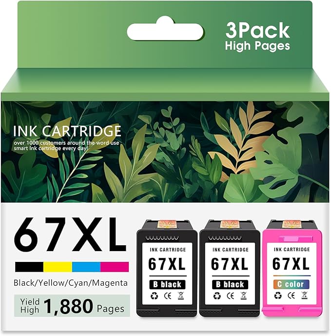 Printer Ink 67XL 67 2755e 4155e Ink Cartridges for HP 67 Ink cartridges Black/Color Combo Pack Remanufactured for DeskJet 2700 2700e 2755e 2755 4155e Envy 6055e 6055 6000 6400 6455e 6475 6452 6458