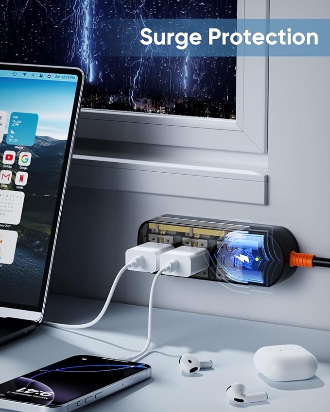 IPX6 Outdoor Power Strip Weatherproof, Surge Protector with 6FT Extension Cord 3 Outlets, Waterproof Power Strip 1875W Overload Protection for Kitchen Patio Christmas Lights, Clear Black