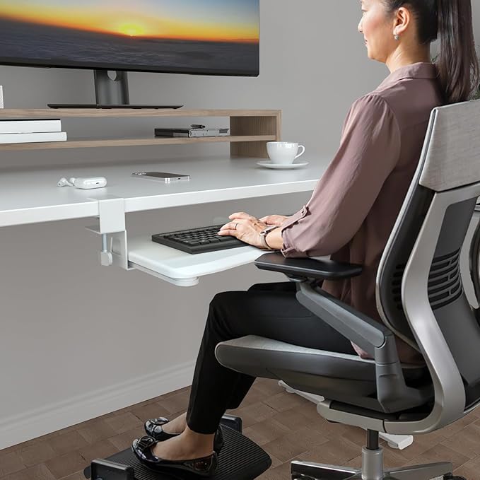 suptek Keyboard Tray Under Desk Pull Out with C Clamp Mount, Computer Keyboard & Mouse Tray, 25.6 (30 Including Clamps) x 11.8 inch Slide-Out Platform Computer Drawer for Typing, Carbon White, DSF1DJW