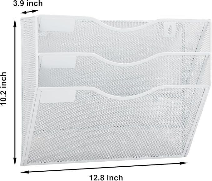 EASEPRES 3 Pocket Mesh Hanging Wall File Organizer, Wall Mounted Mail Paper Document Folder Holder, Clipboard Storage Organization Magazine Rack with Nametag Label for Office Home School, White
