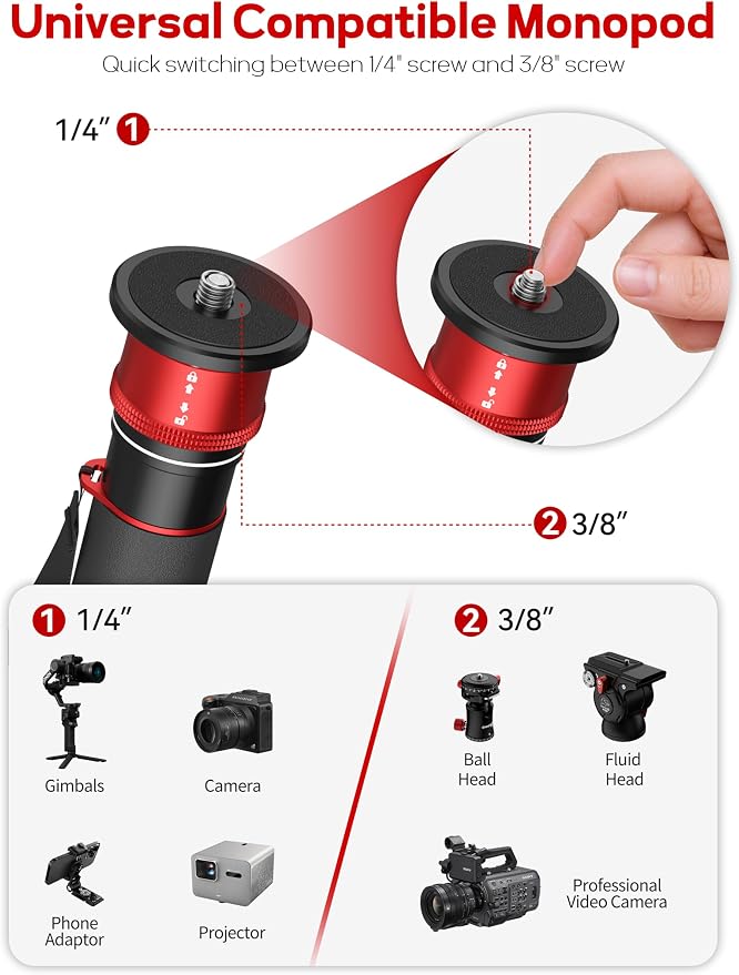 IFOOTAGE Monopod Cobra 3 C180F-P+K5S, 1/4'' & 3/8'' Quick Release Compatible - Image 7
